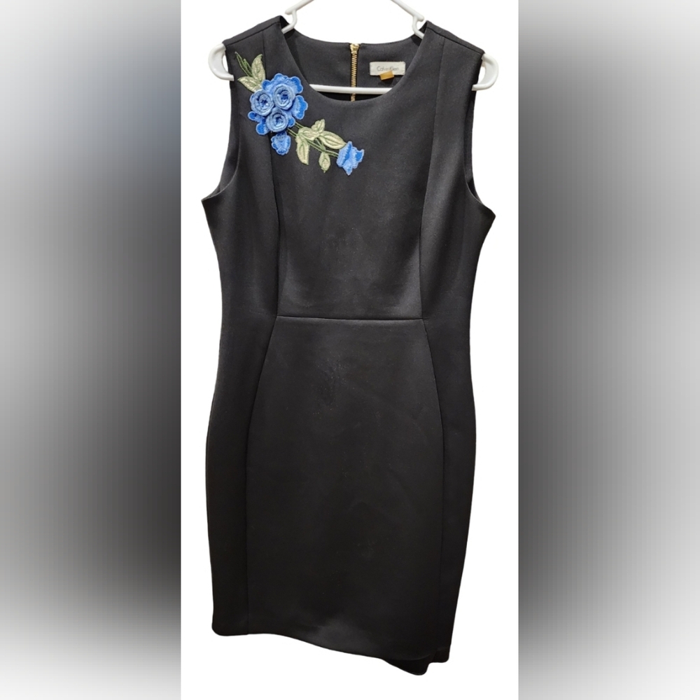 Calvin Klein fitted black cocktail dress embroidered flowers, size 12